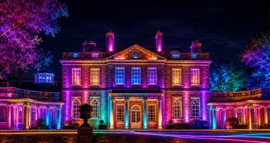 Upton House illuminated in promotional artwork for Illuminate Poole