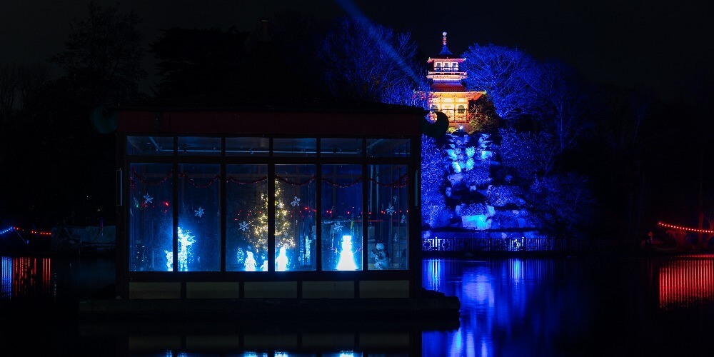 Illuminated pagoda on Peasholm Island in Scarborough