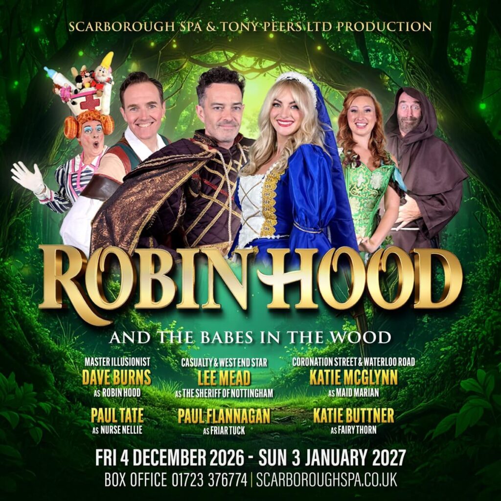 Robin Hood and the Babes in the Wood cast artwork for Scarborough Spa’s 2026 pantomime