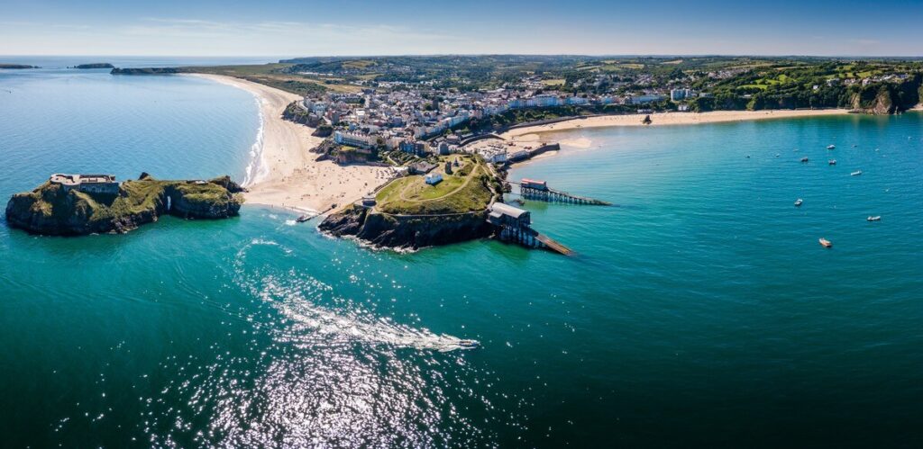 Aerial view of Tenby town and beaches